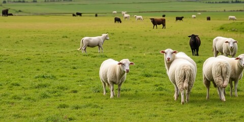 Lush green pastures of a New Zealand farm with sheep and cows grazing, pasture, sheep, livestock