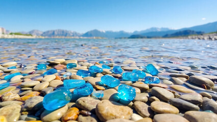 Crystal Blue Gemstones on a Scenic Riverbed with Colorful Stones.
