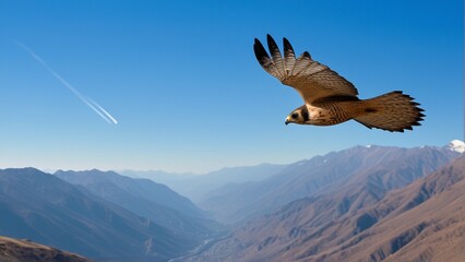 Fototapeta premium Bird soaring over mountain ranges with a meteor streak in the sky.