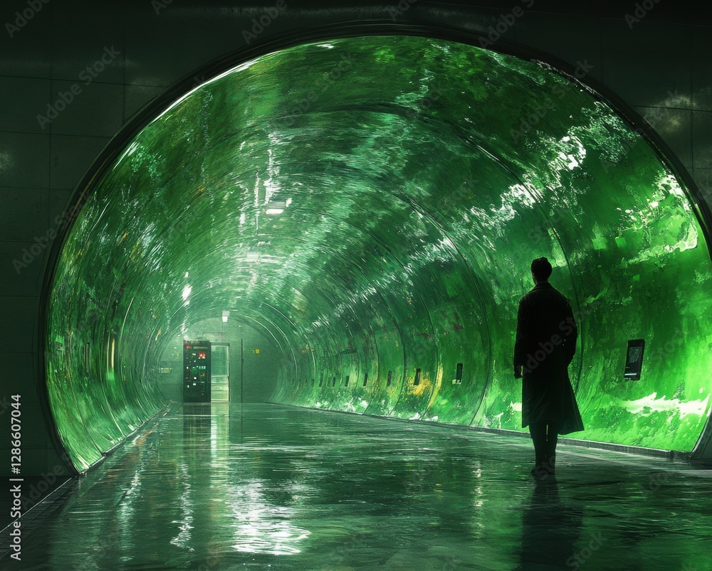 Poster A person walking through a tunnel with a shiny wet surface and artificial lighting