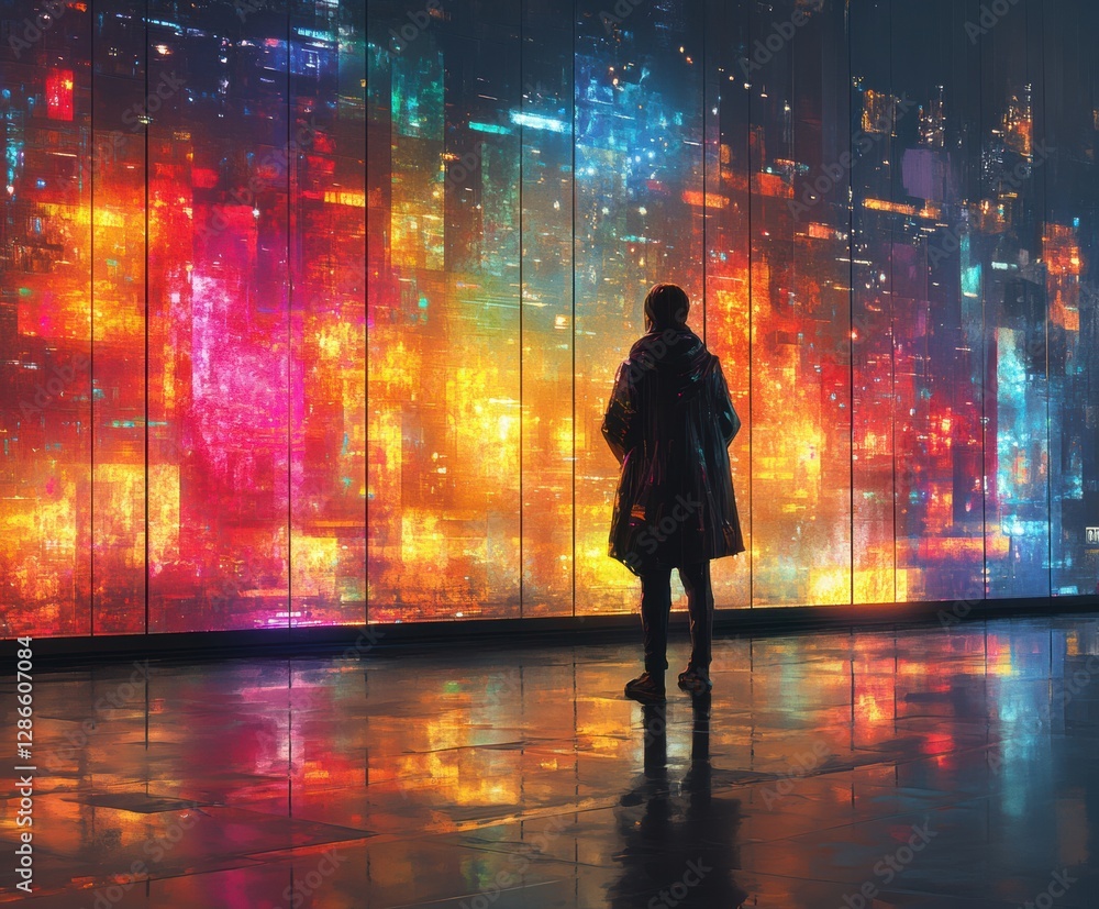 Aufkleber A Silhouette Standing in Front of a Colorful Abstract Background with Lights and Reflections