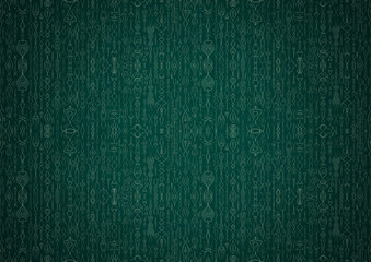 Hand-drawn unique abstract symmetrical seamless ornament. Bright green on a deep cold green with vignette of a darker background color. Paper texture. Digital artwork, A4. (pattern: p14b)
