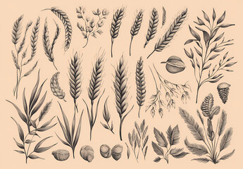 Botanical Bounty: Exquisite sketch illustrating an array of wheat, oats, leaves, and seeds, showcasing the natural elements with detail.