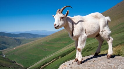 Obraz premium A white goat stands on a rocky outcrop, overlooking lush green hills and a clear blue sky.