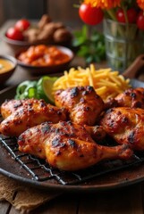 A plate of crispy, golden-brown fried chicken drumsticks served hot with a crunchy texture. Perfect for food advertisements, restaurant promotions, or comfort food concepts.