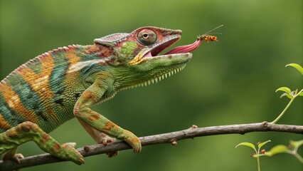 Fototapeta premium Chameleon catching a insect with its long tongue