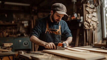 66. A carpenter cutting wood in a woodworking shop with a saw
