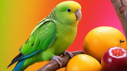 Bright green parrot perched on orange fruits and red apple, vibrant background.
