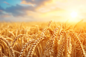 Golden Field under Sunlight: A vast field of golden wheat swaying gently in the summer breeze under a brilliant sunlight, evoking a sense of abundance and natural beauty.