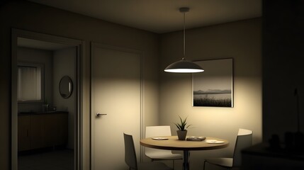 Modern Minimalist Kitchen Dining Space with Soft Lighting and Cozy Atmosphere in Evening