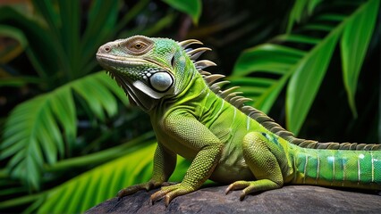 A vibrant green iguana sits atop a rock, surrounded by lush tropical foliage.