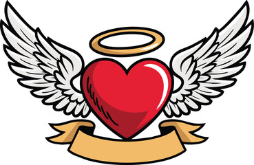 Naklejka premium Vector Halo Winged Heart Tattoo Style Illustration Typography. With Custom text Banner Ribbon and angel wings.