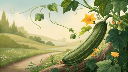 Vibrant zucchini growing in a serene countryside landscape