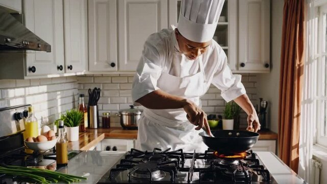Culinary Craft: A skilled chef, clad in crisp whites, masterfully prepares a meal in a well-lit, modern kitchen. The scene is a symphony of culinary expertise and inviting warmth.