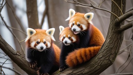 Obraz premium Three red pandas sit on a tree branch, surrounded by bare branches.