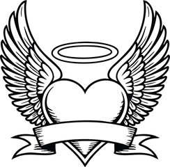 Vector Halo Winged Heart Tattoo Style Illustration Typography. With Custom text Banner Ribbon and angel wings.