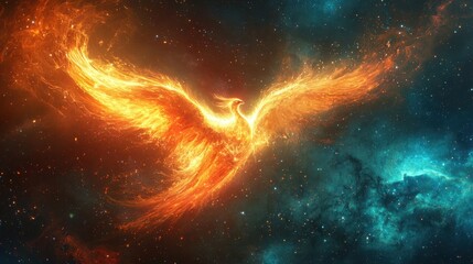 Obraz premium A celestial phoenix made of glowing nebula gas spreads its wings, illuminating the void