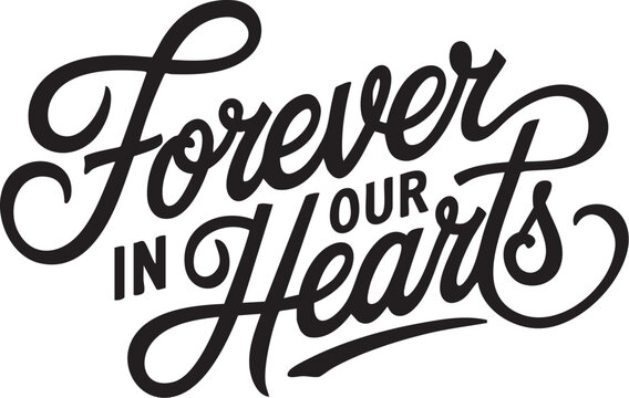In Loving Memory and Forever in Our Hearts Text Type Font. Vector Halo Winged Heart Tattoo Style Illustration Typography. With Custom text Banner Ribbon.