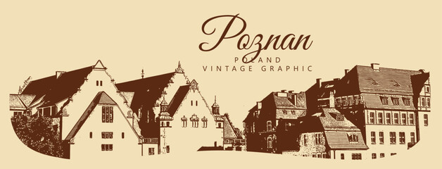 City ancient architecture, Poznan, Poland. Vintage brown and beige graphics, engraved, vector. Old retro design.