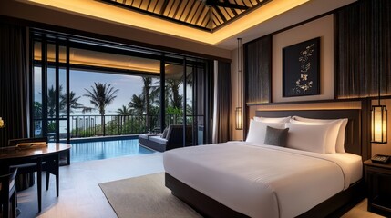 Fototapeta premium Luxury beachfront villa suite bedroom, ocean view, private pool