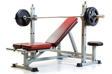 A red bench with a black and silver barbell on it
