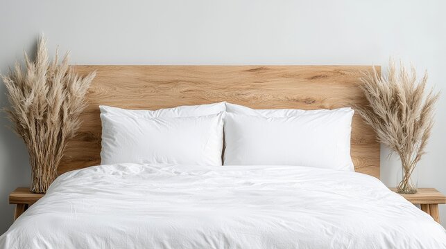 Modern bedroom with wooden headboard and white bedding. Interior design.  Possible use  Stock photography