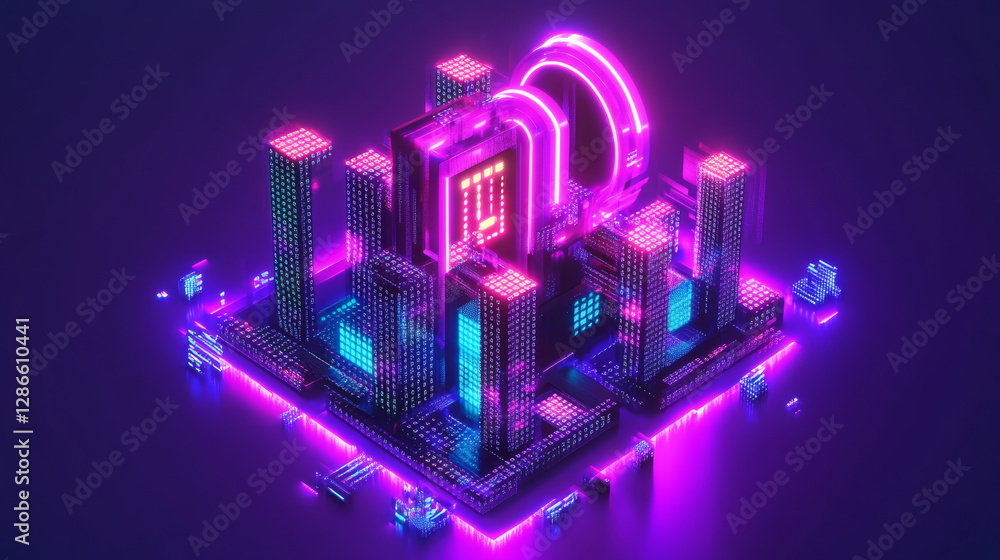 Poster hackathon isometric landing page. 3d typography with binary code on purple neon colored background. 