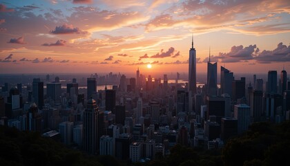Fototapeta premium Sunset over new york city skyline urban landscape aerial view vibrant colors
