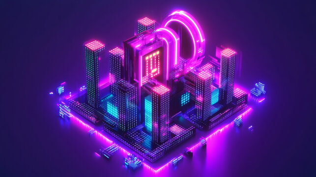Hackathon isometric landing page. 3d typography with binary code on purple neon colored background. Computer software development, coding, adaptive layout, work with data concept, vector web banner