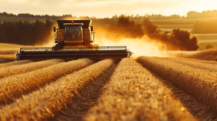 Obraz premium 91. A farmer driving a combine harvester through a field of wheat during the harvest season