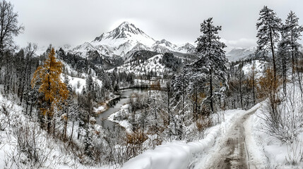 Snowy mountain river valley winter landscape, travel postcard