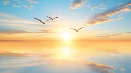 Obraz premium Silhouette of Birds Flying Against a Vibrant Sunset Over Tranquil Ocean Waters