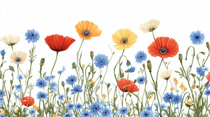 Fototapeta premium Seamless pattern with chamomile, cornflowers and poppies flowers. illustration