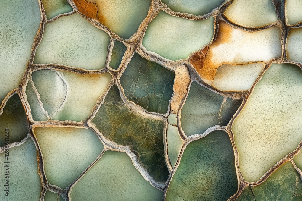 Poster abstract image of a stone surface with irregular, multicolored polygons and veins.