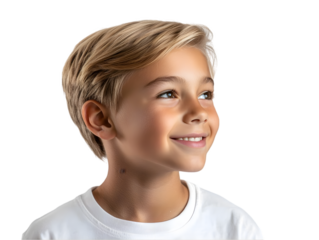 Happy young boy with blond hair smiling and looking upward with a cheerful expression on his face