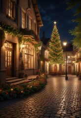 Fototapeta premium Village square at night with festive decorations and a Christmas tree, tree, decorations, village