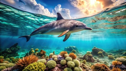 Fototapeta premium A dolphin swims near a vibrant coral reef, its sleek body gliding effortlessly through the crystal-clear water as it approaches the viewer , wildlife, aquatic animals