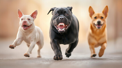 Obraz premium Happy dogs running together in playful manner, showcasing their energy and joy. black Cane Corso leads pack, with French Bulldog and mixed breed dog following closely behind