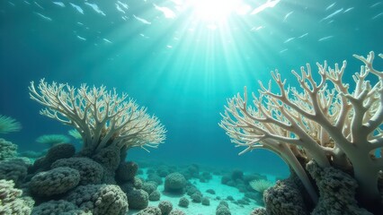 Obraz premium Bleached coral formations in shallow clear water under bright sunlight and blue sky 