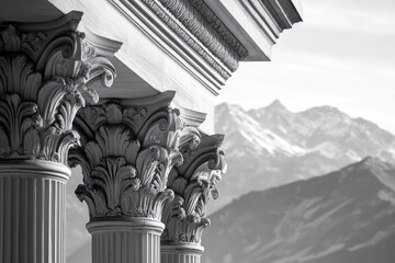 Ornate classical columns with acanthus leaf carvings, set against a mountainous backdrop.