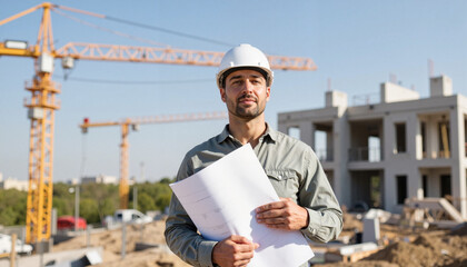 Construction engineer with blueprints at building site.