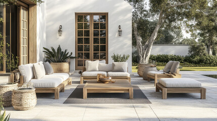 Elegant outdoor patio with wooden lounge chairs and cushions, surrounded by lush greenery and potted plants, creating serene and inviting atmosphere