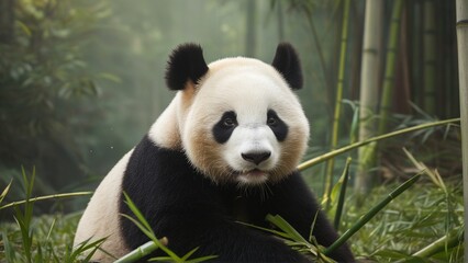 Fototapeta premium A giant panda sits amidst lush bamboo, gazing directly at the camera.