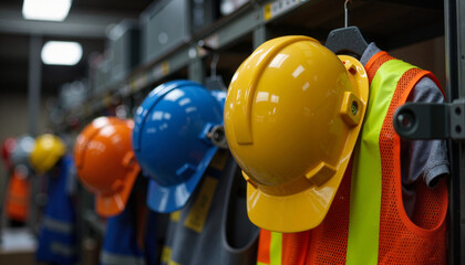  Row of safety helmets and vests in industrial locker room.