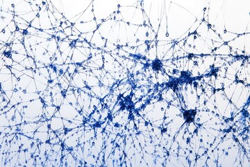 Intricate blue network resembling neurons or a spiderweb with water droplets, abstract art.