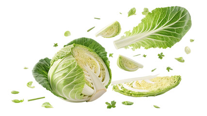 Obraz premium Flying Napa Cabbage Pieces Isolated on Transparent Background, Food Photography, Vegetable Composition, Napa Cabbage, Vegetables, Food