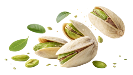 Flying Pistachios with Leaves, Isolated on Transparent Background, Food Photography, 4K, High Resolution, Pistachio, Nuts, Food