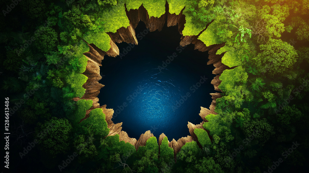 Poster deep and mysterious hole in forest surrounded by lush greenery and water, creating enchanting and se