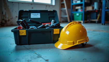 Fototapeta premium Yellow hard hat and toolbox on workshop floor.