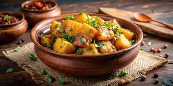 Diced potatoes cooked with a blend of spices like cumin and coriander, simmered in a rich tomato sauce, served hot from a clay pot, spicy indian dish, aromatic spices